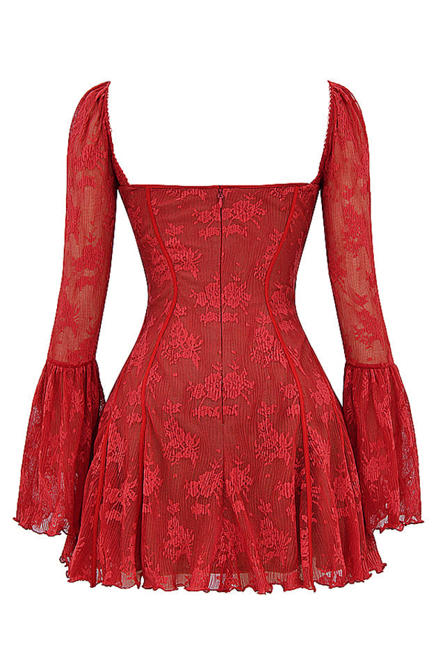 Women's Square-Neck Corset Lace Mini Dress – Long-Sleeve Elegant Fit