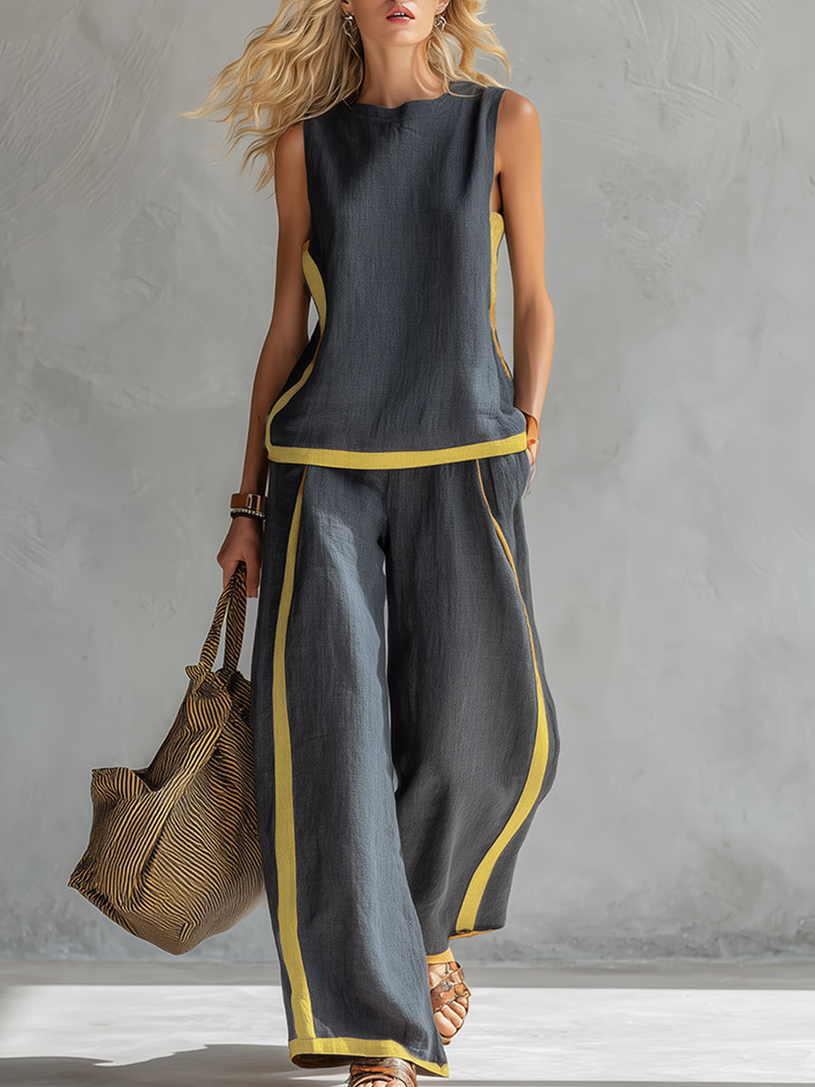 Women’s Linen Two Piece Set - Sleeveless Casual Summer Outfit