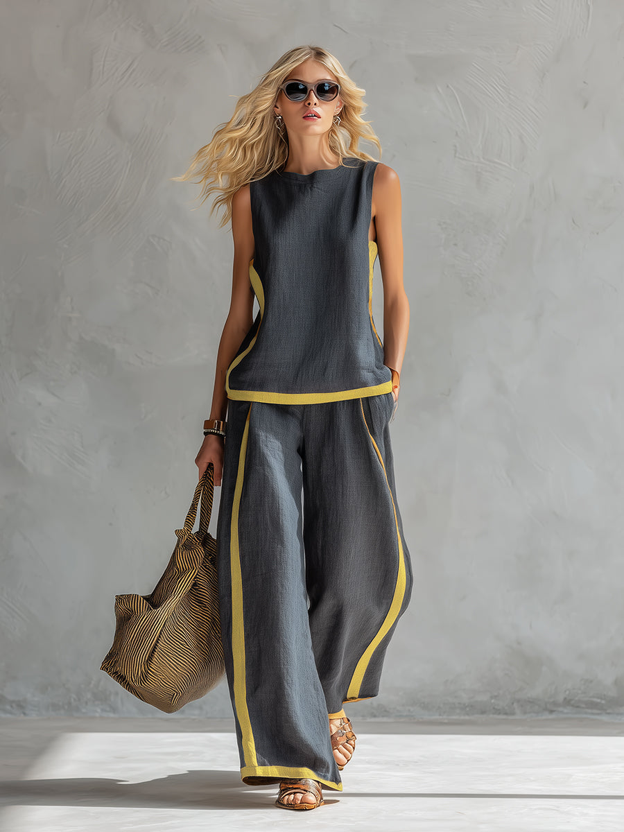 Women’s Linen Two Piece Set - Sleeveless Casual Summer Outfit