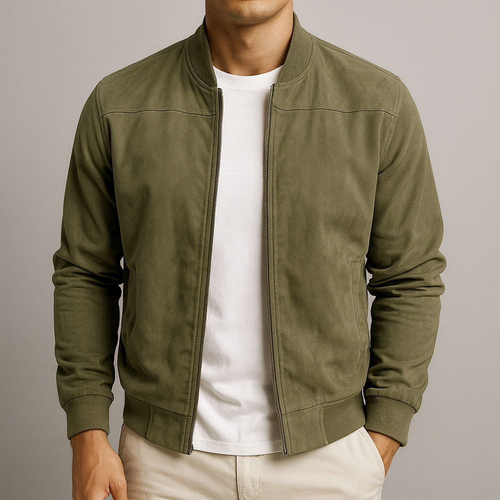 Men's Suede Zip-Up Long Sleeve Jacket – Casual Slim Fit Coat