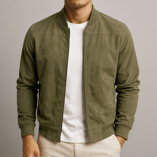 Men's Suede Zip-Up Long Sleeve Jacket – Casual Slim Fit Coat