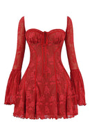 Women's Square-Neck Corset Lace Mini Dress – Long-Sleeve Elegant Fit