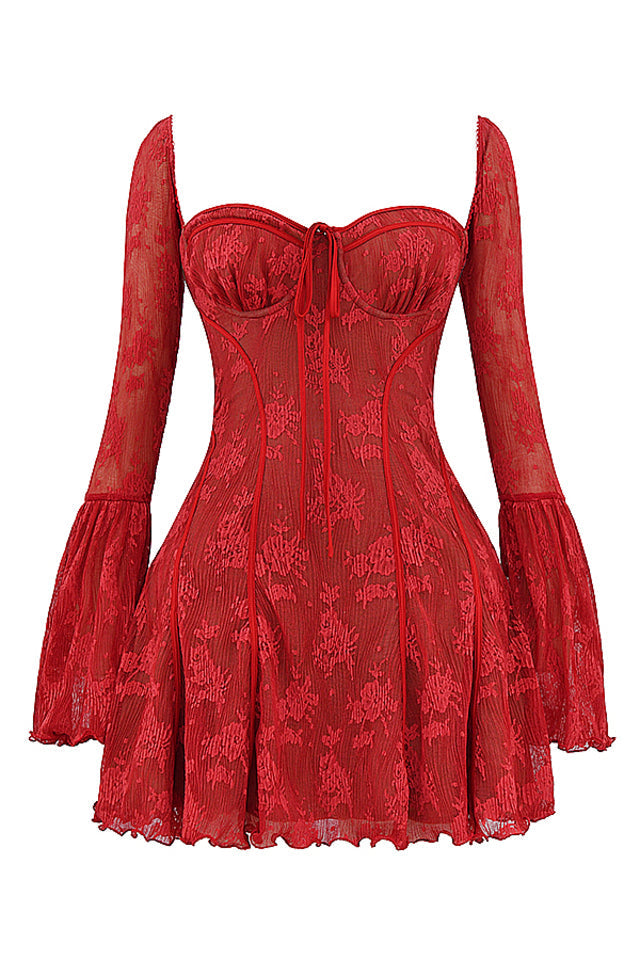 Women's Square-Neck Corset Lace Mini Dress – Long-Sleeve Elegant Fit