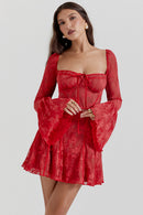 Women's Square-Neck Corset Lace Mini Dress – Long-Sleeve Elegant Fit