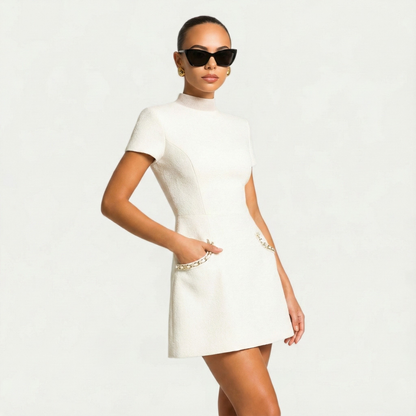 Women’s Mini Dress with Pearl Trim and Pocket Detailing