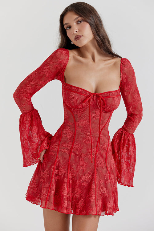 Women's Square-Neck Corset Lace Mini Dress – Long-Sleeve Elegant Fit