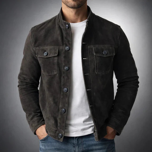 Men's Olive Green Suede Button-Up Jacket – Stylish Casual Outerwear