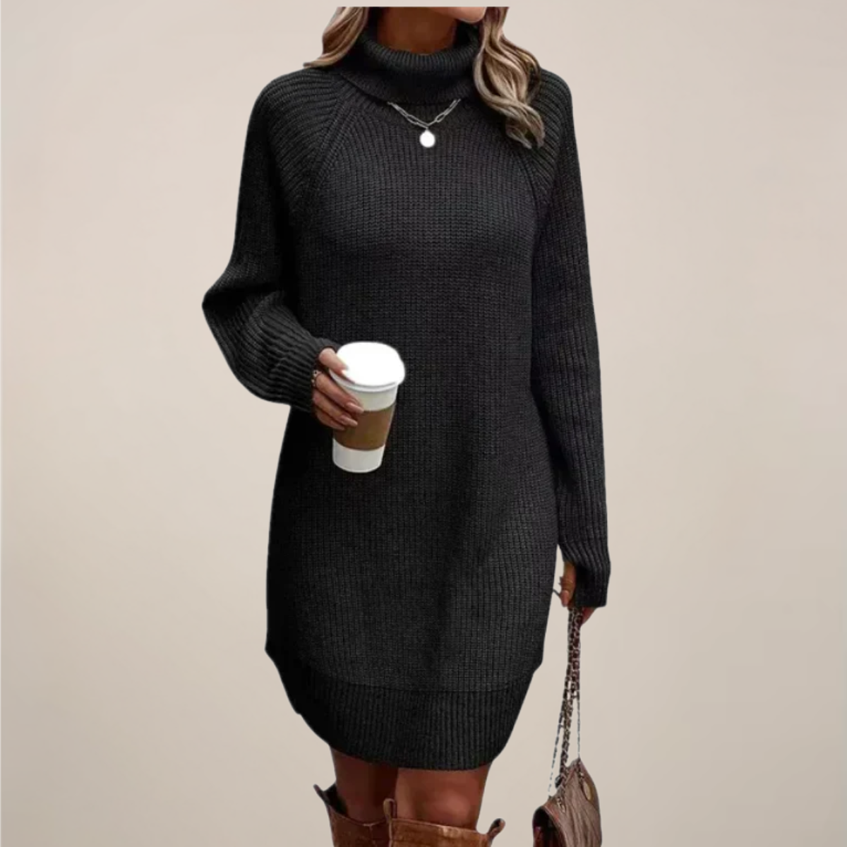 Women’s Turtleneck Sweater Dress – Knit, Long Sleeve, Knee-Skimming