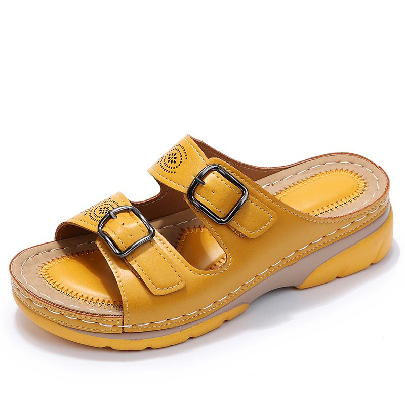 Women's Orthopedic Open-Toe Leather Sandals – Adjustable Buckle Comfort Shoes