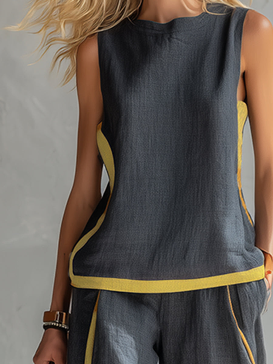 Women’s Loose Fit Linen Two Piece Set - Sleeveless Casual Outfit