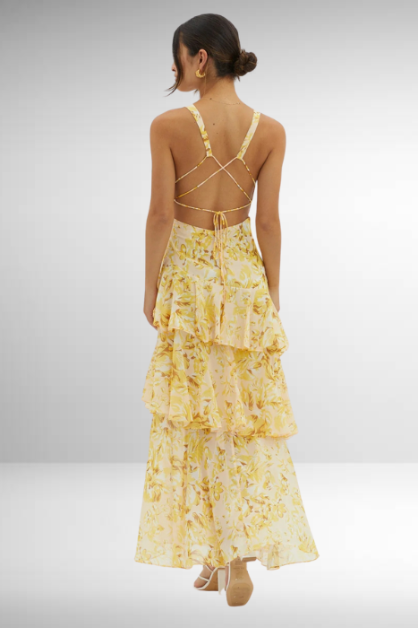 Women's Layered Chiffon Maxi Dress – Sleeveless V-Neck Open Back Gown
