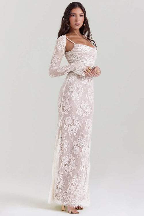 Women's Lace Bodycon Maxi Dress Set – Long Sleeve Cropped Jacket