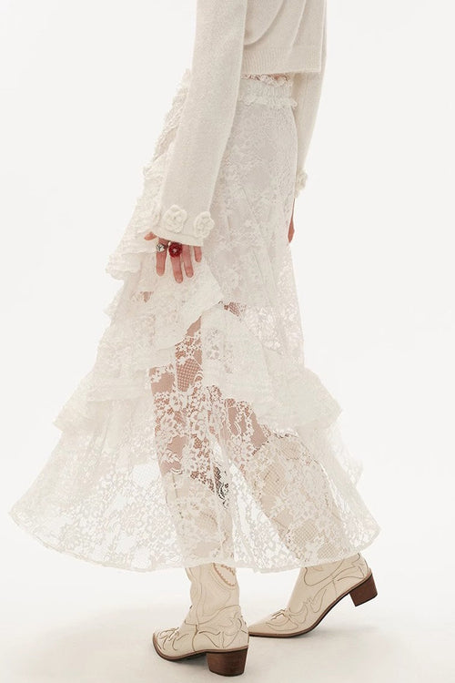 Hot Girl Lace Tiered Mesh Stylish Slim Midi Skirt