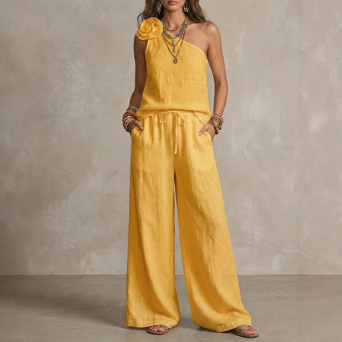 Two-Tone Linen Set: Sleeveless Top & Trousers