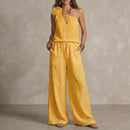 Two-Tone Linen Set: Sleeveless Top & Trousers