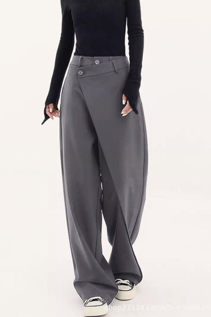 Asymmetric Layered Button Loose Wide Leg Pants-1