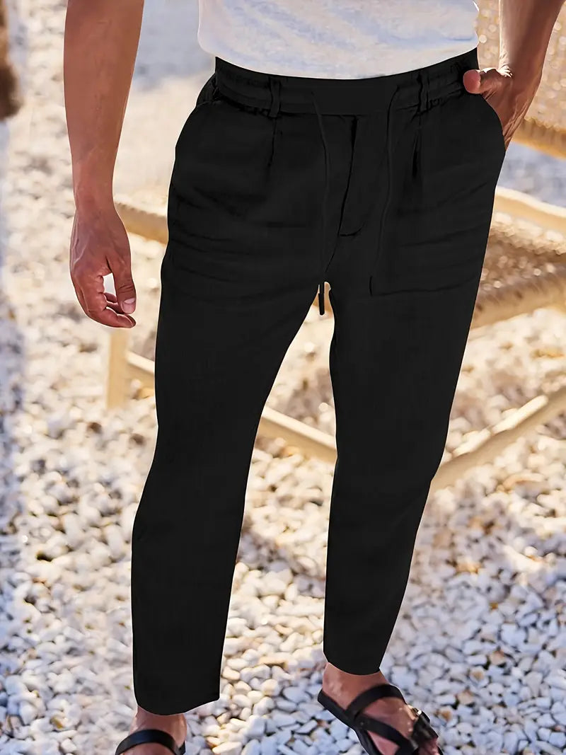 Men's Wide-Leg Linen Trousers – Drawstring Casual Summer Pants