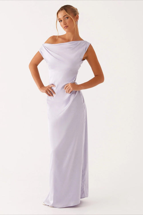 Women's Solid Asymmetric Neckline Formal Maxi Dress – Evening Gown