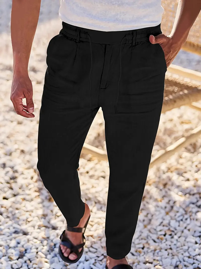 Men's Wide-Leg Linen Trousers – Drawstring Casual Summer Pants