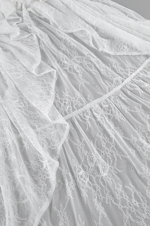 Lace Sheer Split Ruffle Asymmetrical Skirt