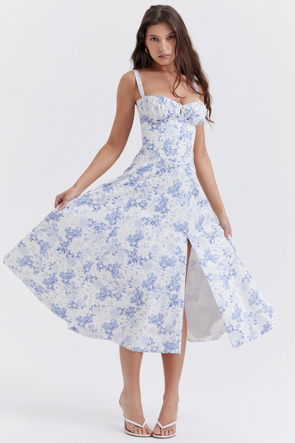 Women's Elegant Sleeveless Floral Party Dress with Slit and Sweetheart Neckline