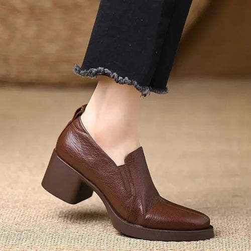 Women's Pointed Toe Leather Loafers With Chunky Heels – Casual Shoes