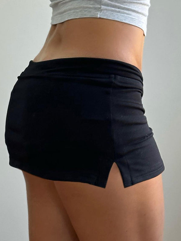 Women's Black Drawstring Slit Mini Skirt – Casual High-Waist Y2K Skirt