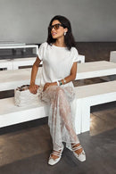 Sexy Sheer Brocade Lace White Jacquard Maxi Skirt