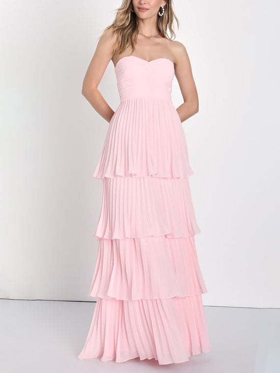 Women's Strapless Ruched Tiered Maxi Occasion Dress – Elegant Evening Dress
