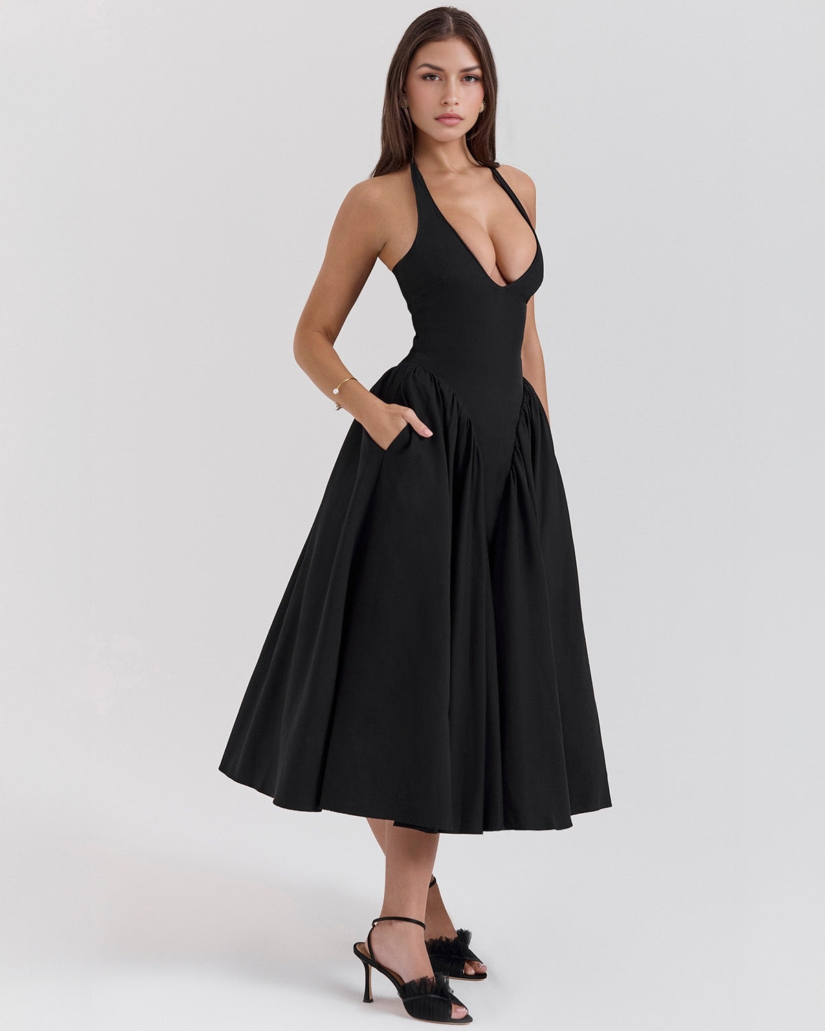 Women's V-Neck Corset Style Midi Dress – Sleeveless Elegant Fitted Tulle Dress
