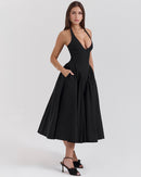 Women's V-Neck Corset Style Midi Dress – Sleeveless Elegant Fitted Tulle Dress