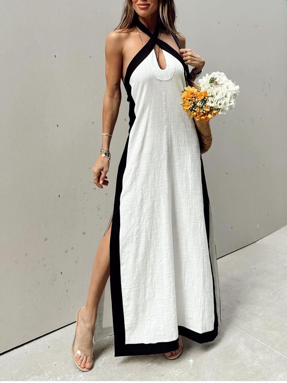 Women's Color Block Halter Neck Maxi Dress With Side Slit – Elegant Dress