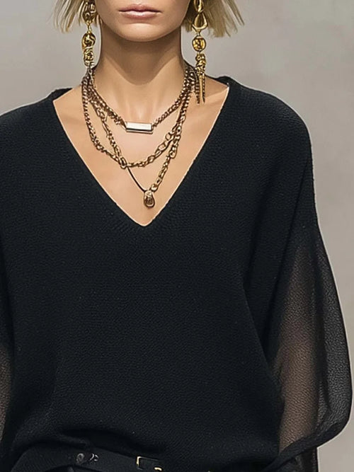 Women's Sheer V-Neck Long Sleeve Black Blouse – Breathable Loose Fit Top