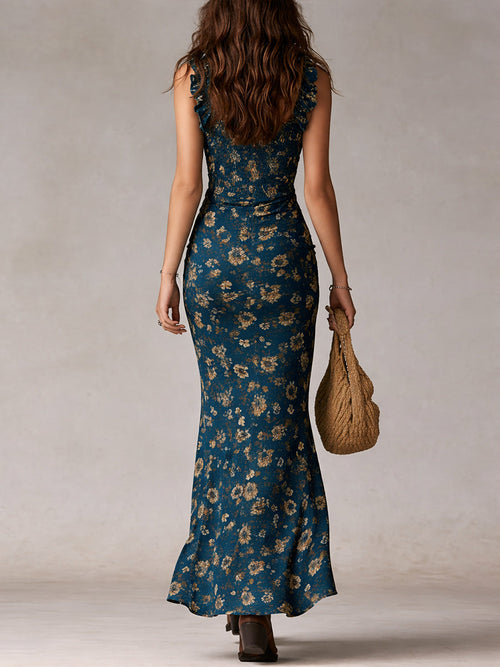Women's Boho Ruffled Sleeve Maxi Dress – High Slit Summer Dress