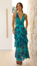 Women's Layered Chiffon Maxi Dress – Sleeveless V-Neck Open Back Gown
