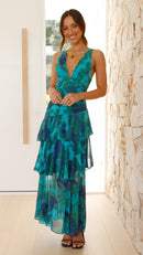 Women's Layered Chiffon Maxi Dress – Sleeveless V-Neck Open Back Gown