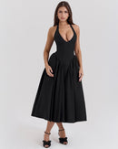 Women's V-Neck Corset Style Midi Dress – Sleeveless Elegant Fitted Tulle Dress
