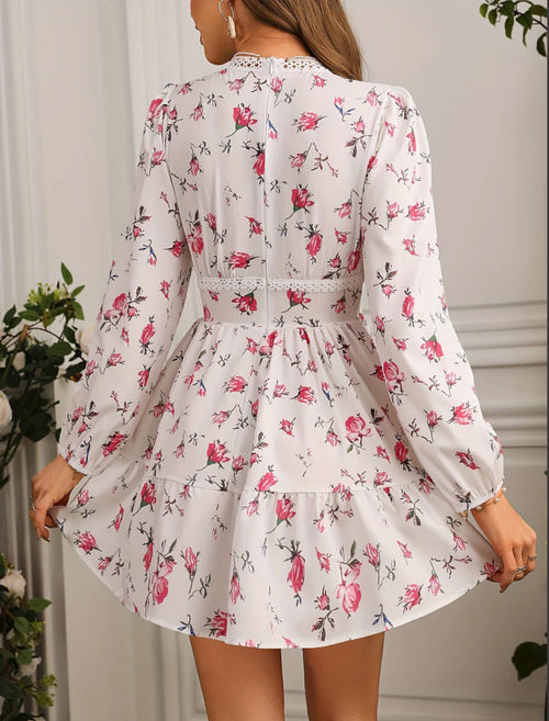 Women's V-Neck Floral Mini Dress with Long Puff Sleeves – Stylish Party Dress