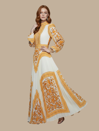 Women’s Pleated Maxi Evening Dress – High Neck Long Sleeve Formal Gown