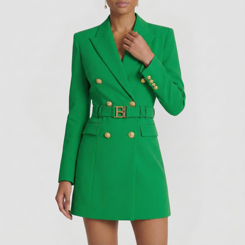 Women’s Double-Breasted Blazer Dress with Satin Lapel – Elegant Evening & Workwear