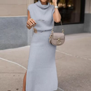 Women's Cowl Neck Midi Sweater Dress – Waisted Side Slit Knit Gown