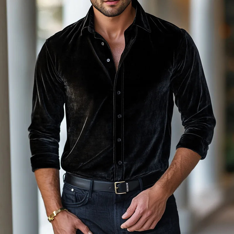 Men's Buttoned Down Long Sleeve Fitted Velvet Shirt – Luxury Dress Shirt