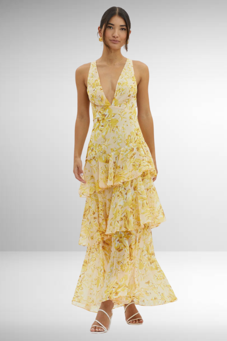 Women's Layered Chiffon Maxi Dress – Sleeveless V-Neck Open Back Gown