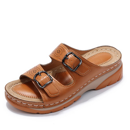 Women's Orthopedic Open-Toe Leather Sandals – Adjustable Buckle Comfort Shoes