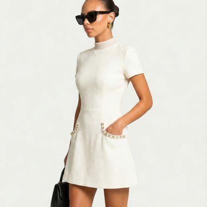 Women’s Mini Dress with Pearl Trim and Pocket Detailing
