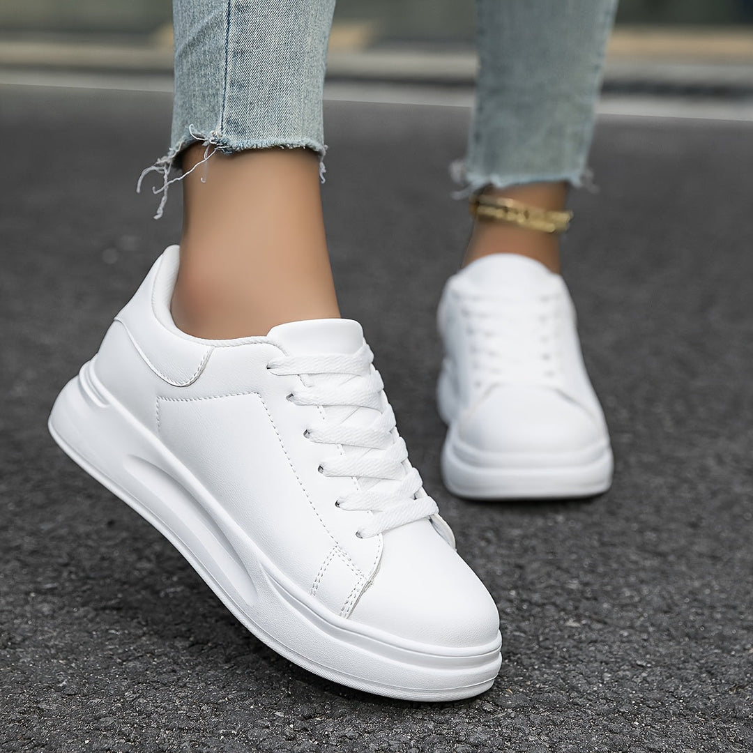 Women's White Leather Sport Sneakers – Casual Lace-Up Athletic Trainers
