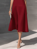 Women's Burgundy Sleeveless V-Neck Pleated Hem Midi Dress