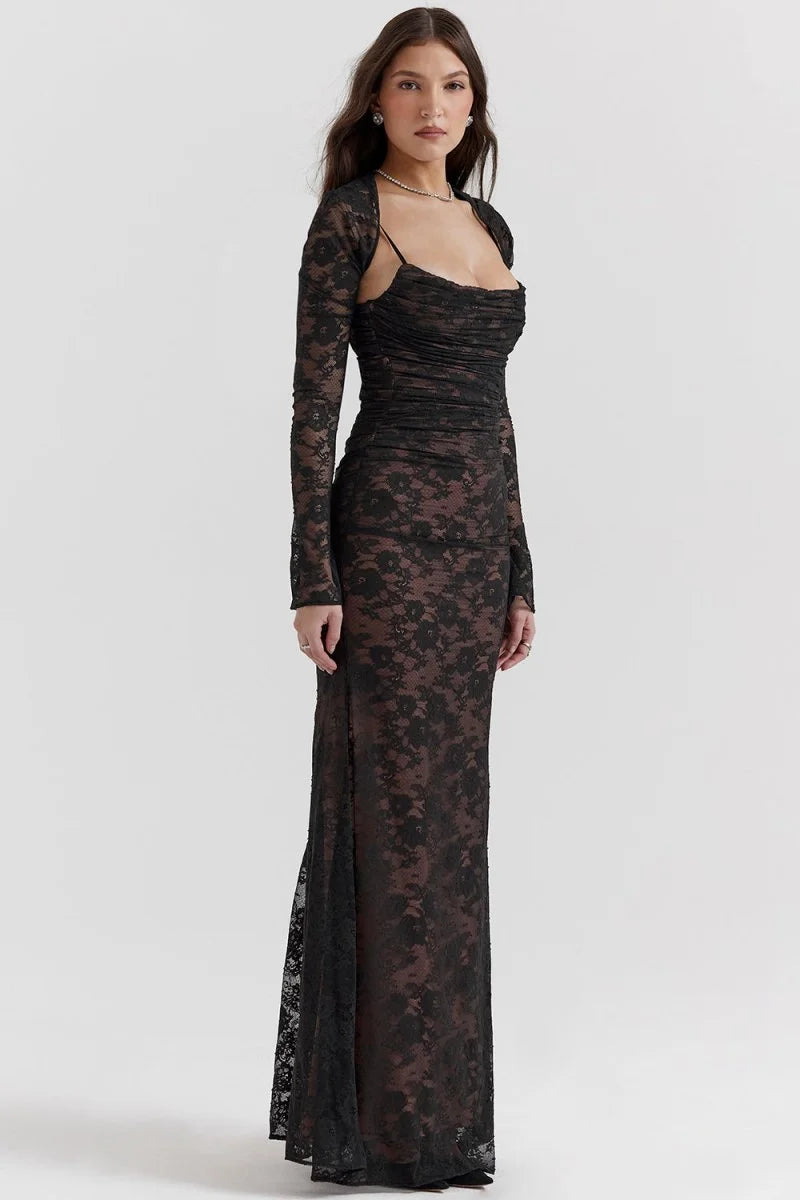 Women's Lace Bodycon Maxi Dress Set – Long Sleeve Cropped Jacket