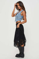Asymmetrical Hem Lace Detail Midi Skirt