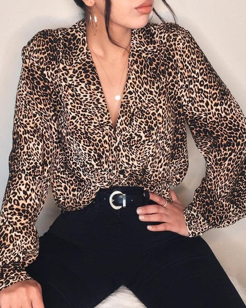Women's Leopard Print Button-Up Blouse – Long Sleeve Stylish Top